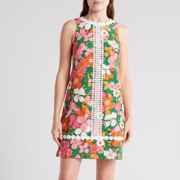 Eliza J 60's Mod Style Green Pink Floral Flower Print Embroidered Dress 2 Retro - Picture 3 of 10